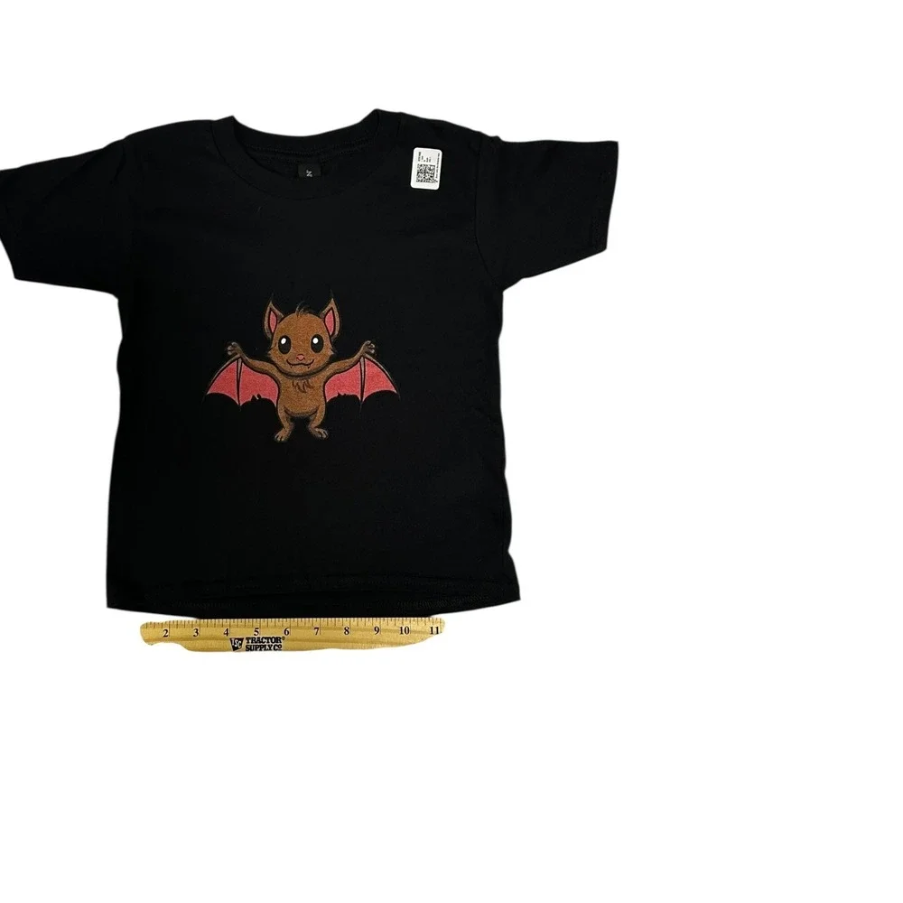Black T-Shirt with Cute Bat Graphic Tee Short Sleeve Kids Size 2